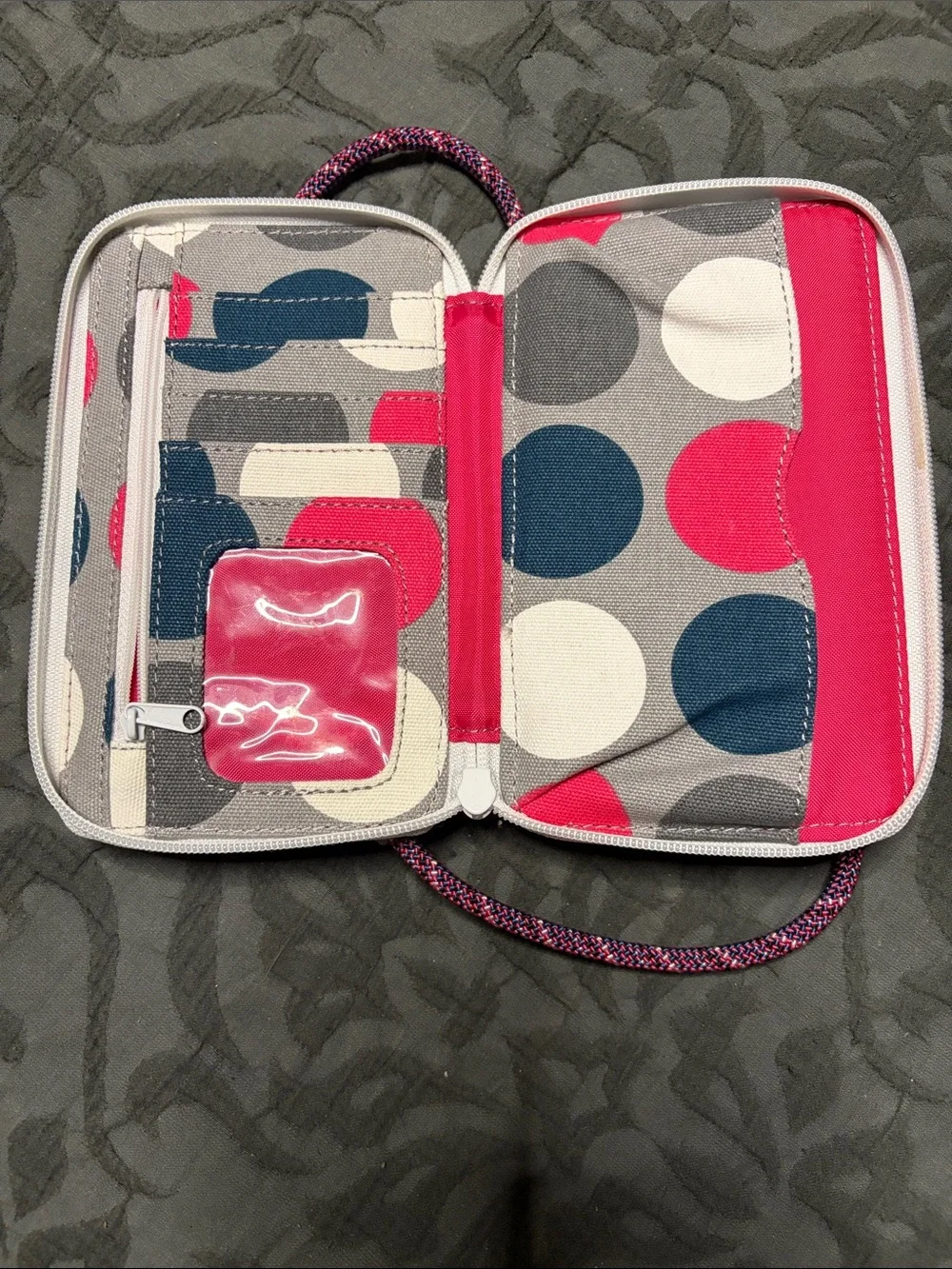 Kavu Polka Dot Neck Pouch in Pink, Blue & Gray